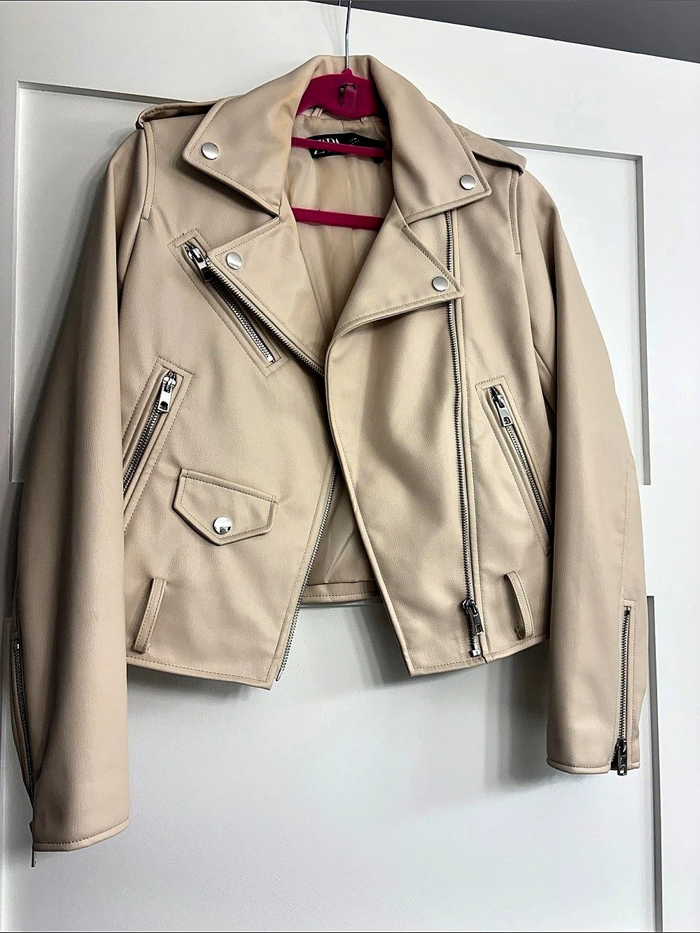 Zara Faux Leather Moto Jacket Cream Beige XS